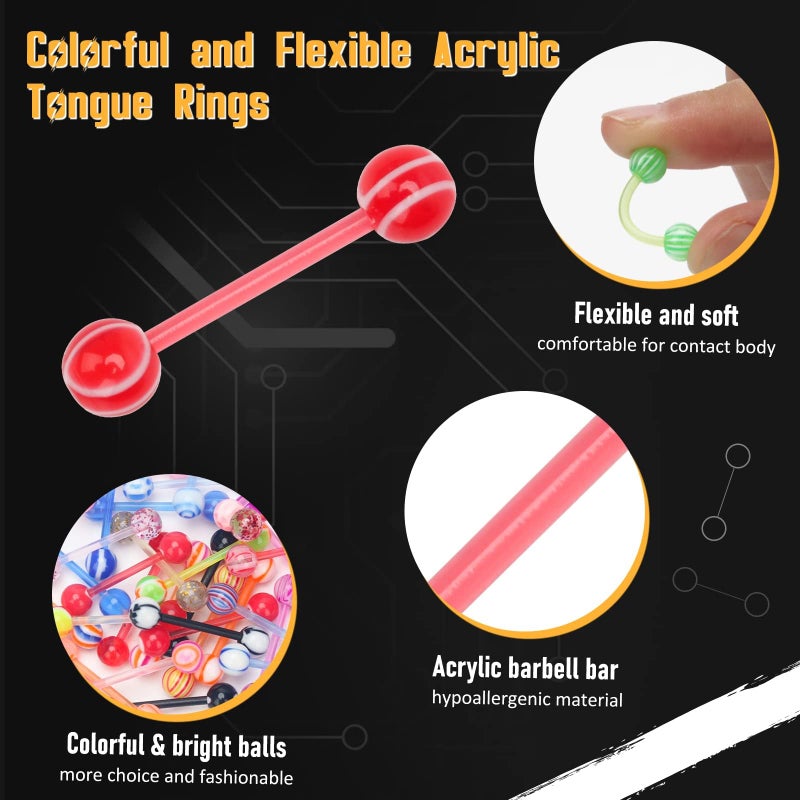 CrazyPiercing Wholesale 14g Acrylic Bar Tongue Rings Barbells Assorted Colors 110 PCS Acrylic Ball - Image 2